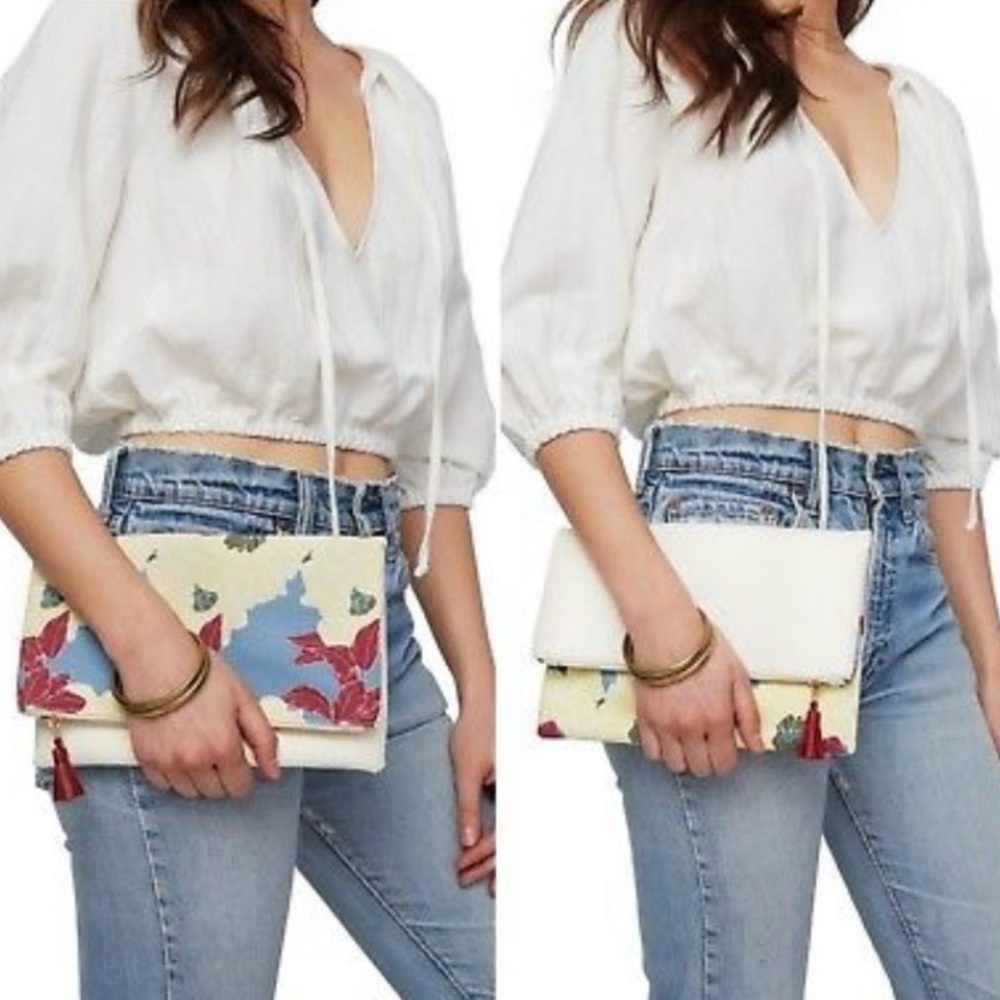 Anthropologie Rachel Pally Reversible Floral Fold Over Clutch Beige Burgundy